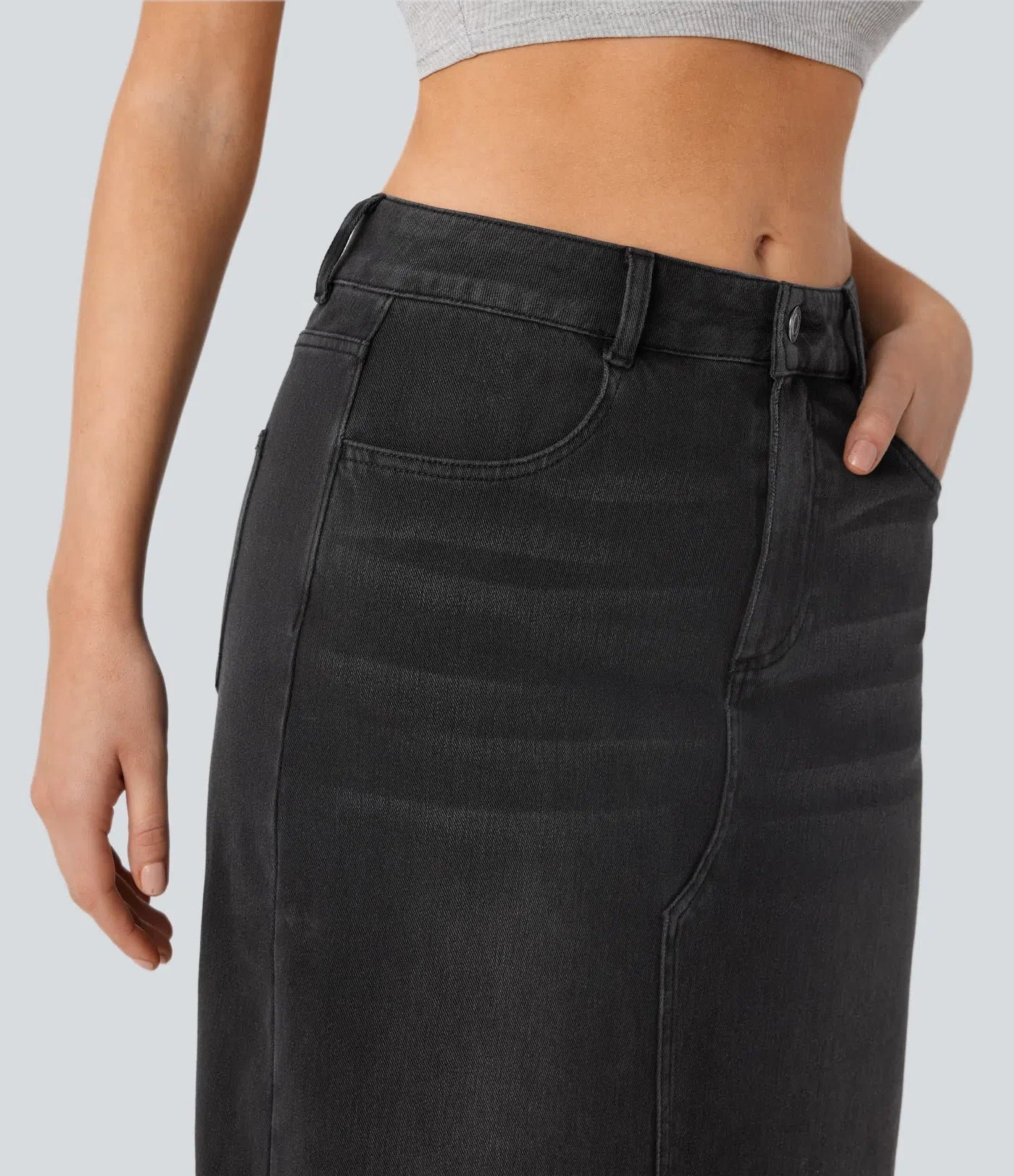 High-Waisted Denim Maxi Skirt with Split – Blue Stretch Jeans for Women