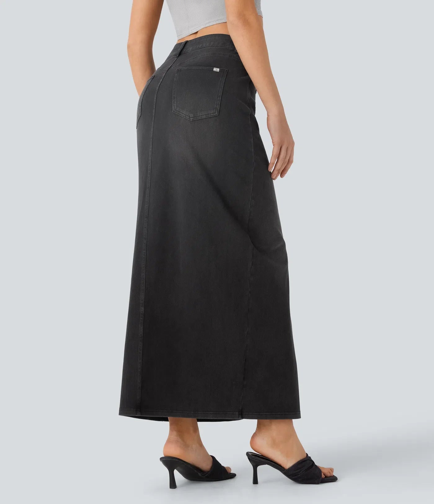 High-Waisted Denim Maxi Skirt with Split – Blue Stretch Jeans for Women