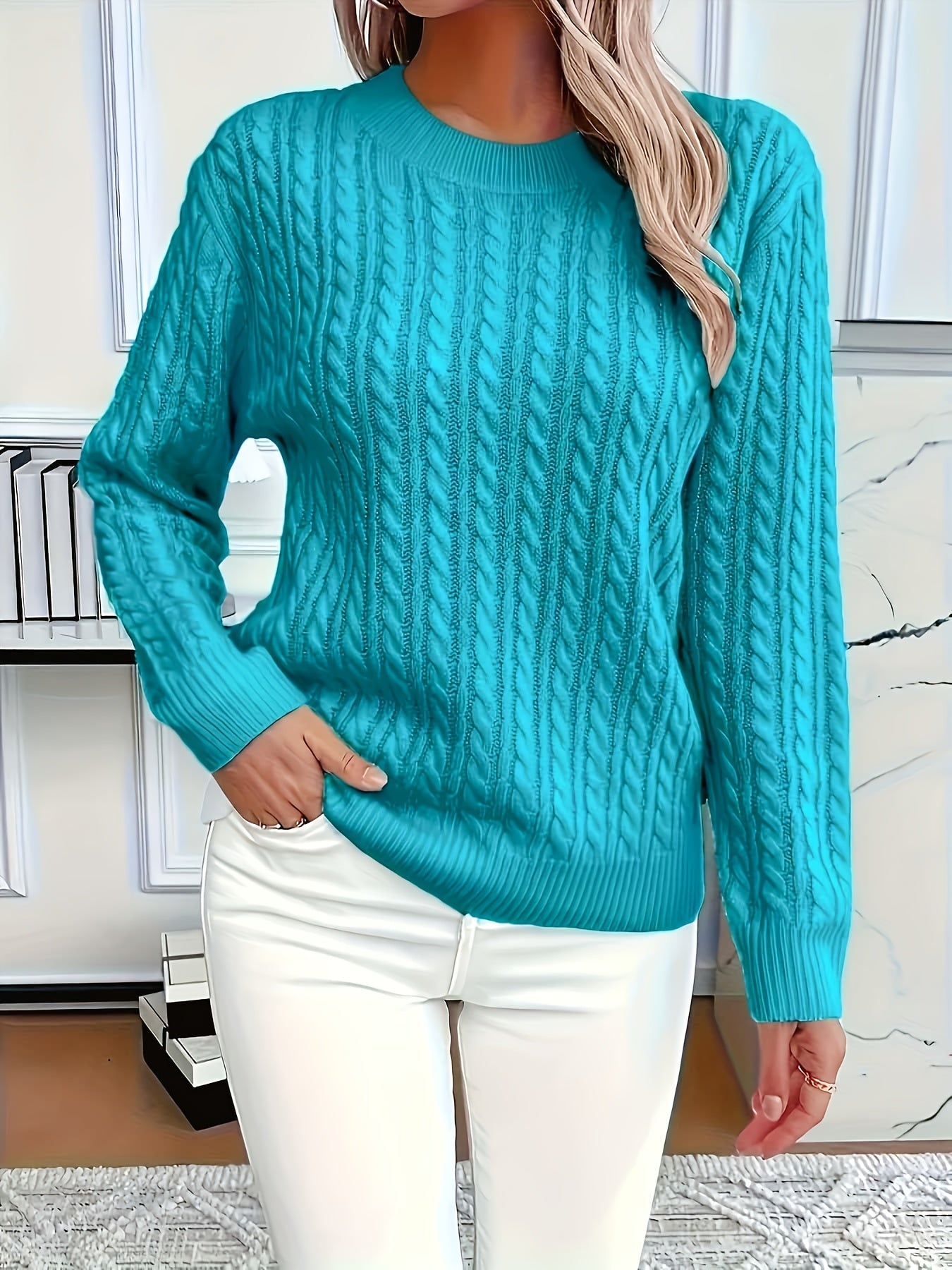 Valeris | Women's Cable Knit Round Neck Jumper – Elegant Plain Pullover, Soft and Perfect for Year-Round Wear