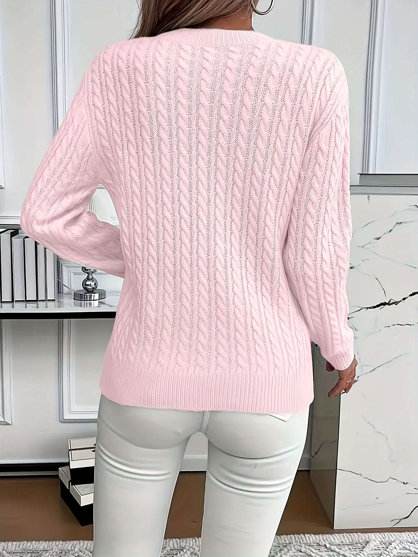 Valeris | Women's Cable Knit Round Neck Jumper – Elegant Plain Pullover, Soft and Perfect for Year-Round Wear