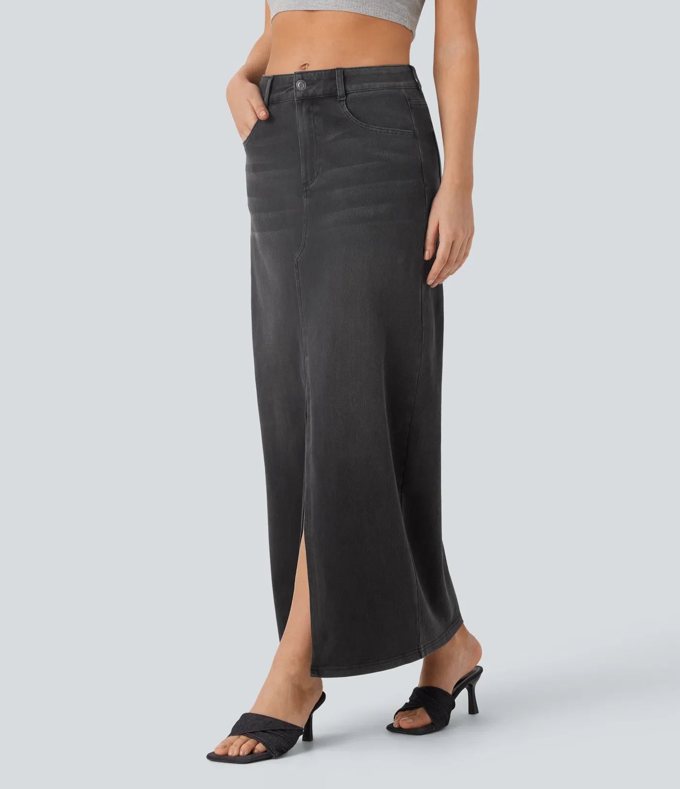 High-Waisted Denim Maxi Skirt with Split – Blue Stretch Jeans for Women