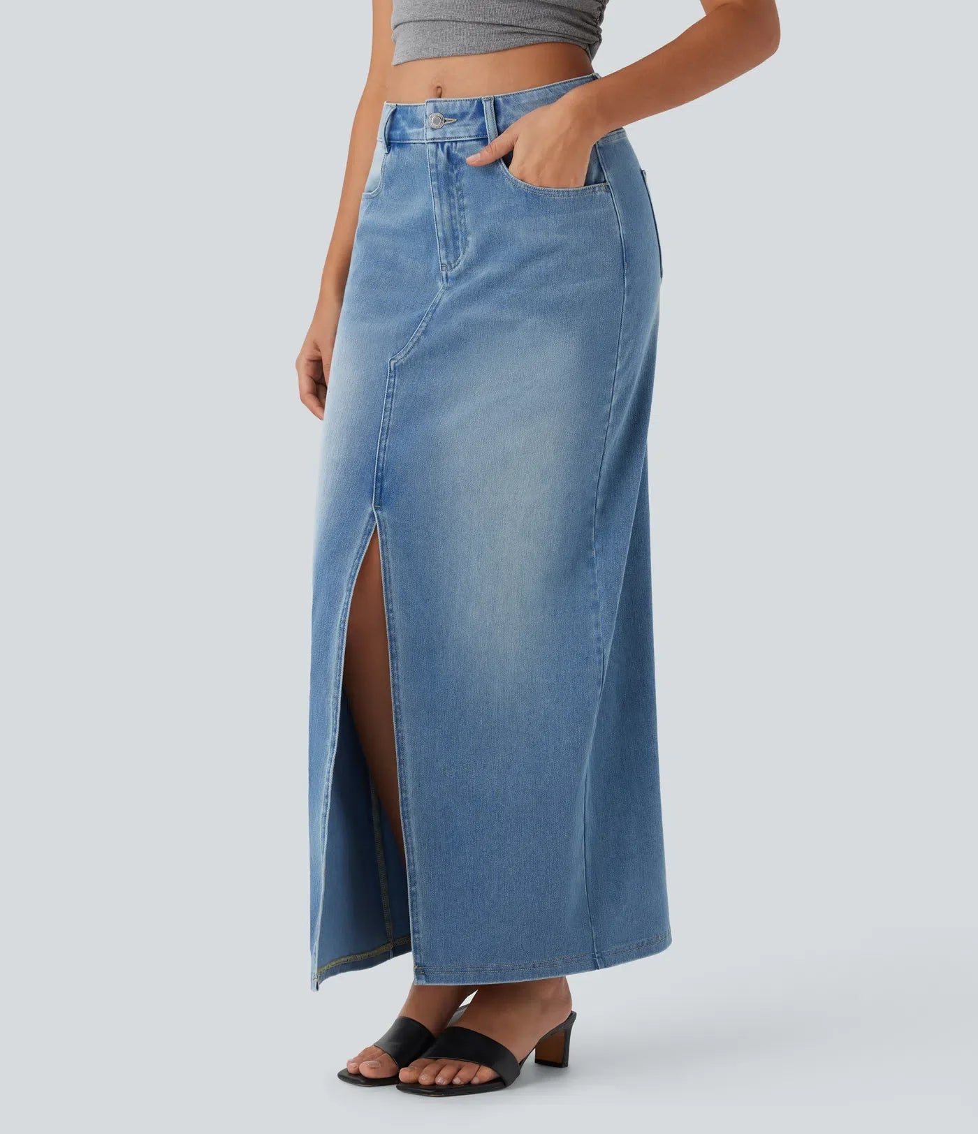 High-Waisted Denim Maxi Skirt with Split – Blue Stretch Jeans for Women