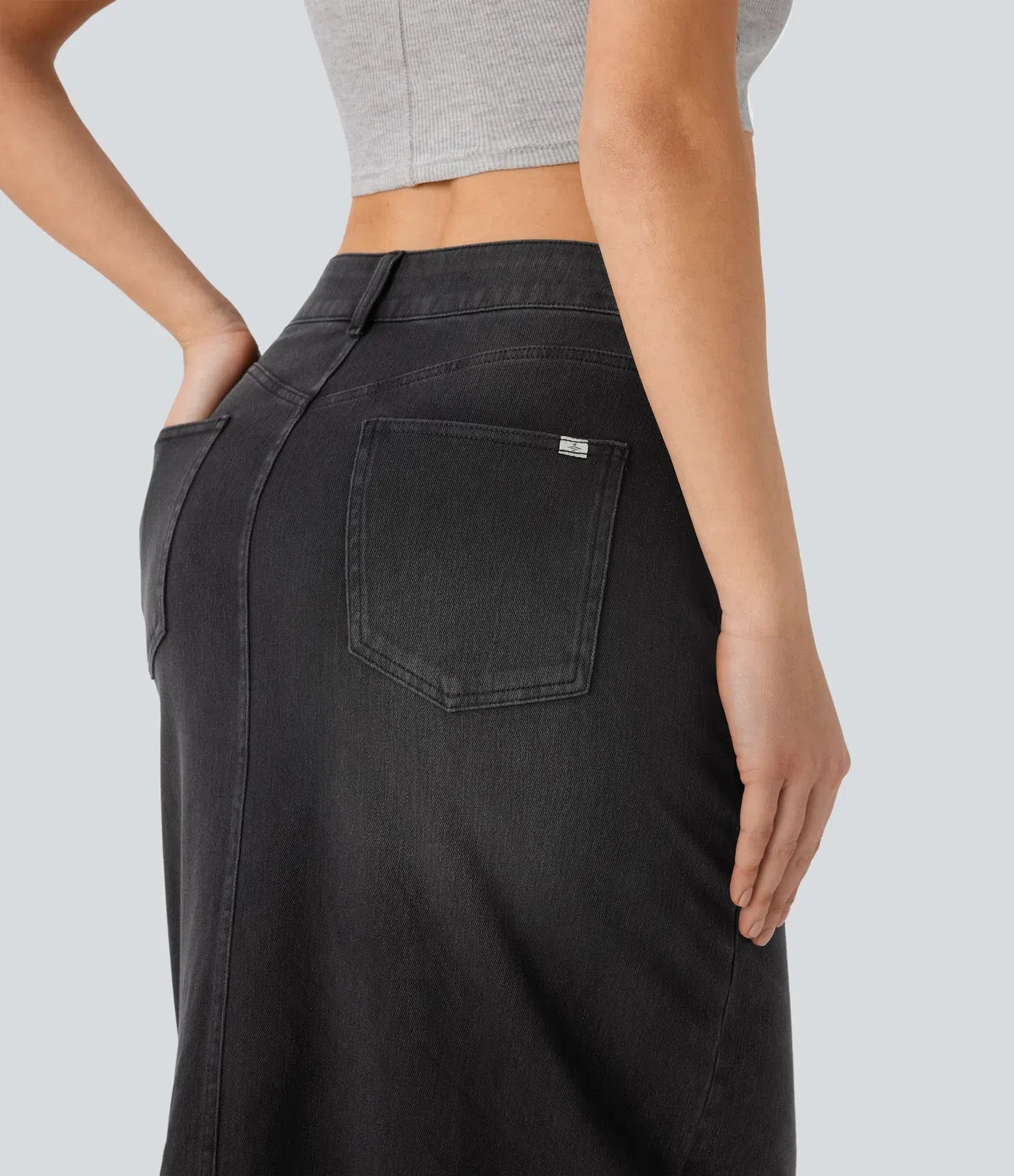 High-Waisted Denim Maxi Skirt with Split – Blue Stretch Jeans for Women