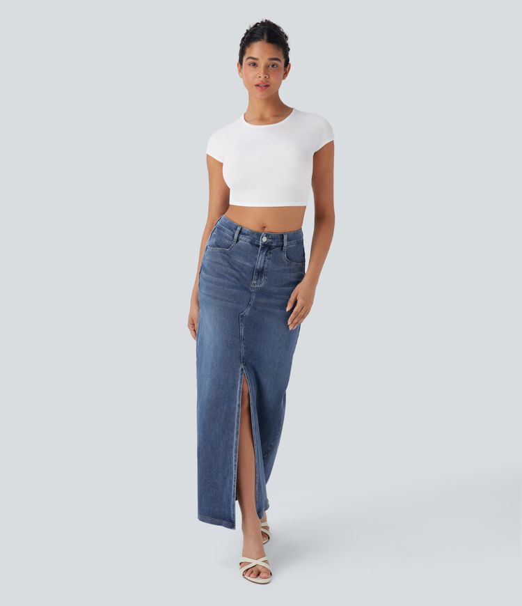 High-Waisted Denim Maxi Skirt with Split – Blue Stretch Jeans for Women
