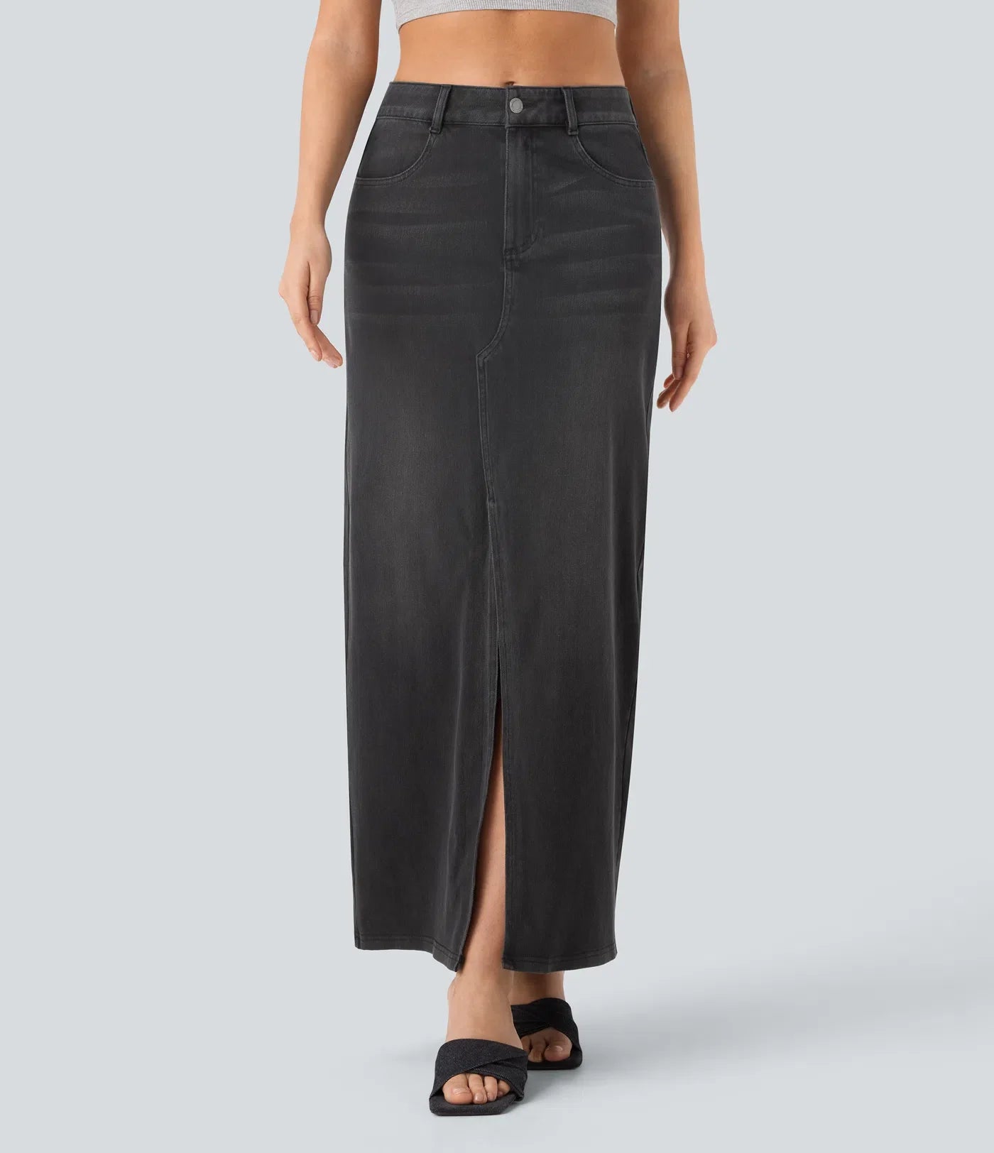 High-Waisted Denim Maxi Skirt with Split – Blue Stretch Jeans for Women