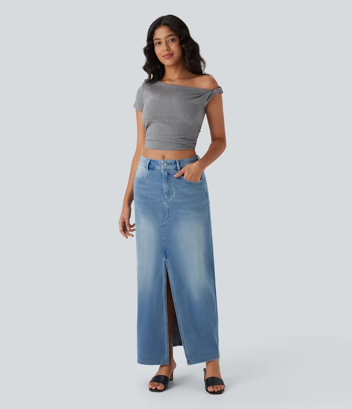 High-Waisted Denim Maxi Skirt with Split – Blue Stretch Jeans for Women