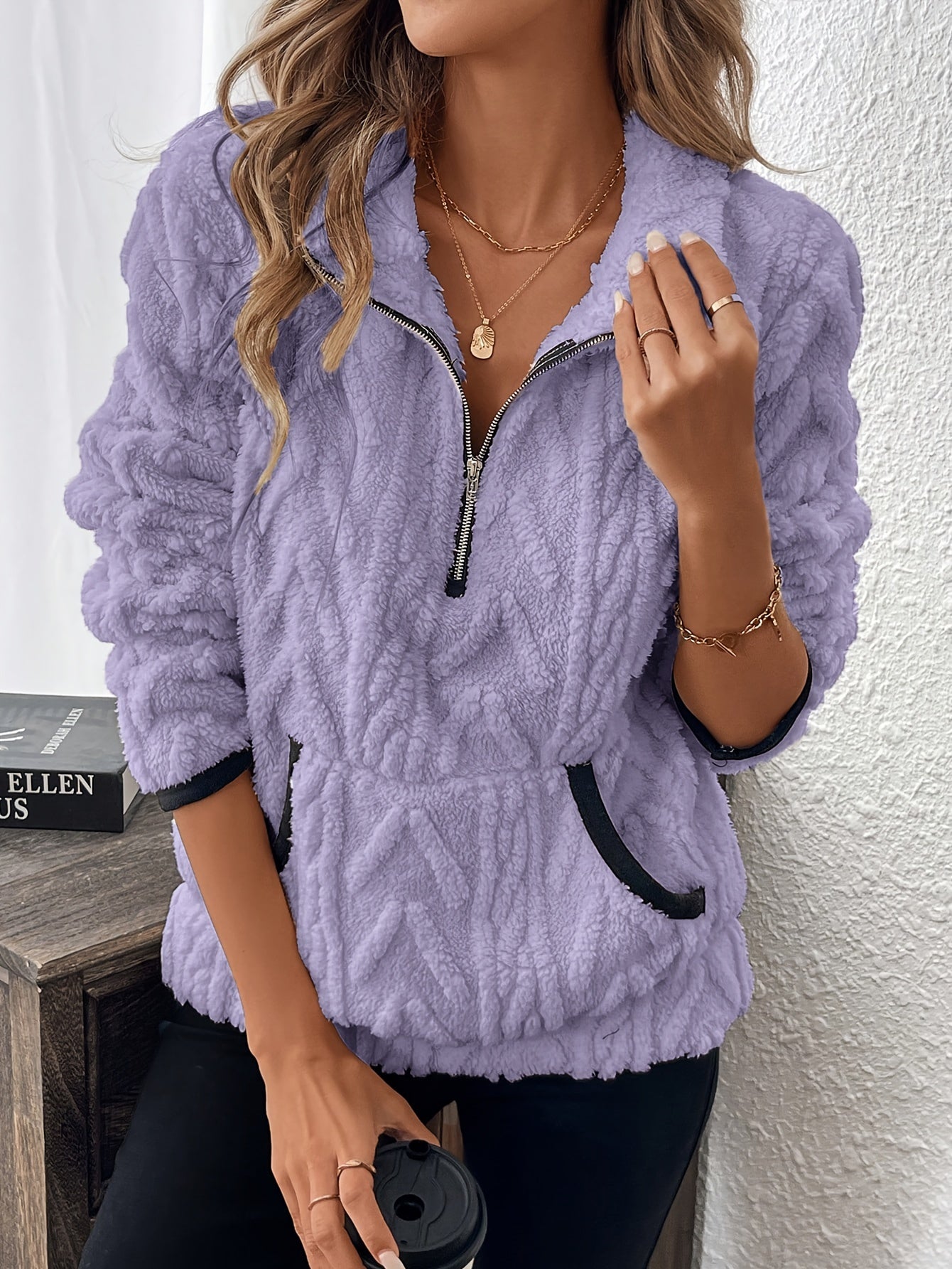 Evodia | Women's Fluffy Fabric Pullover Sweatshirt with Half Zip, Casual Long Sleeve Top