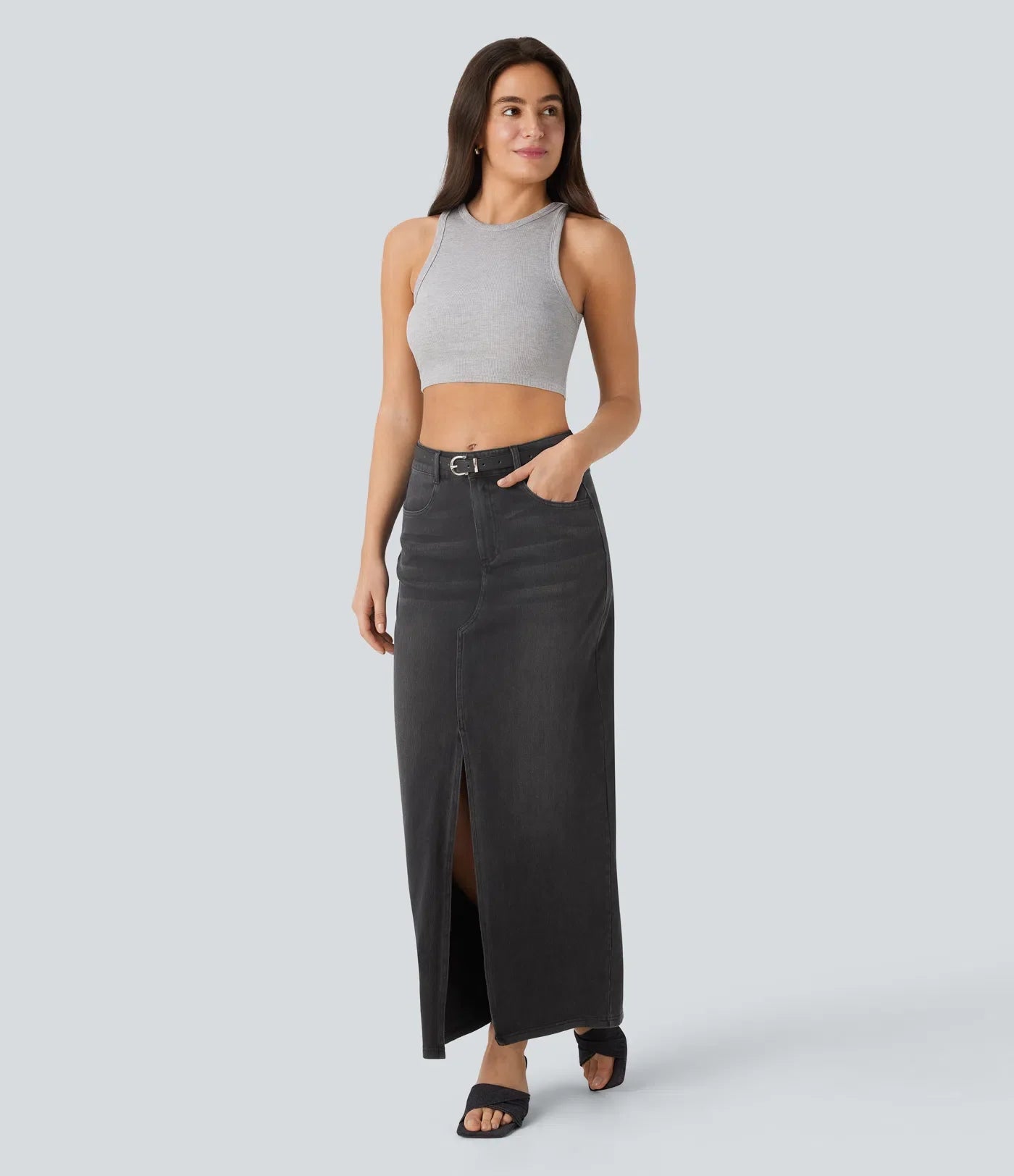 High-Waisted Denim Maxi Skirt with Split – Blue Stretch Jeans for Women