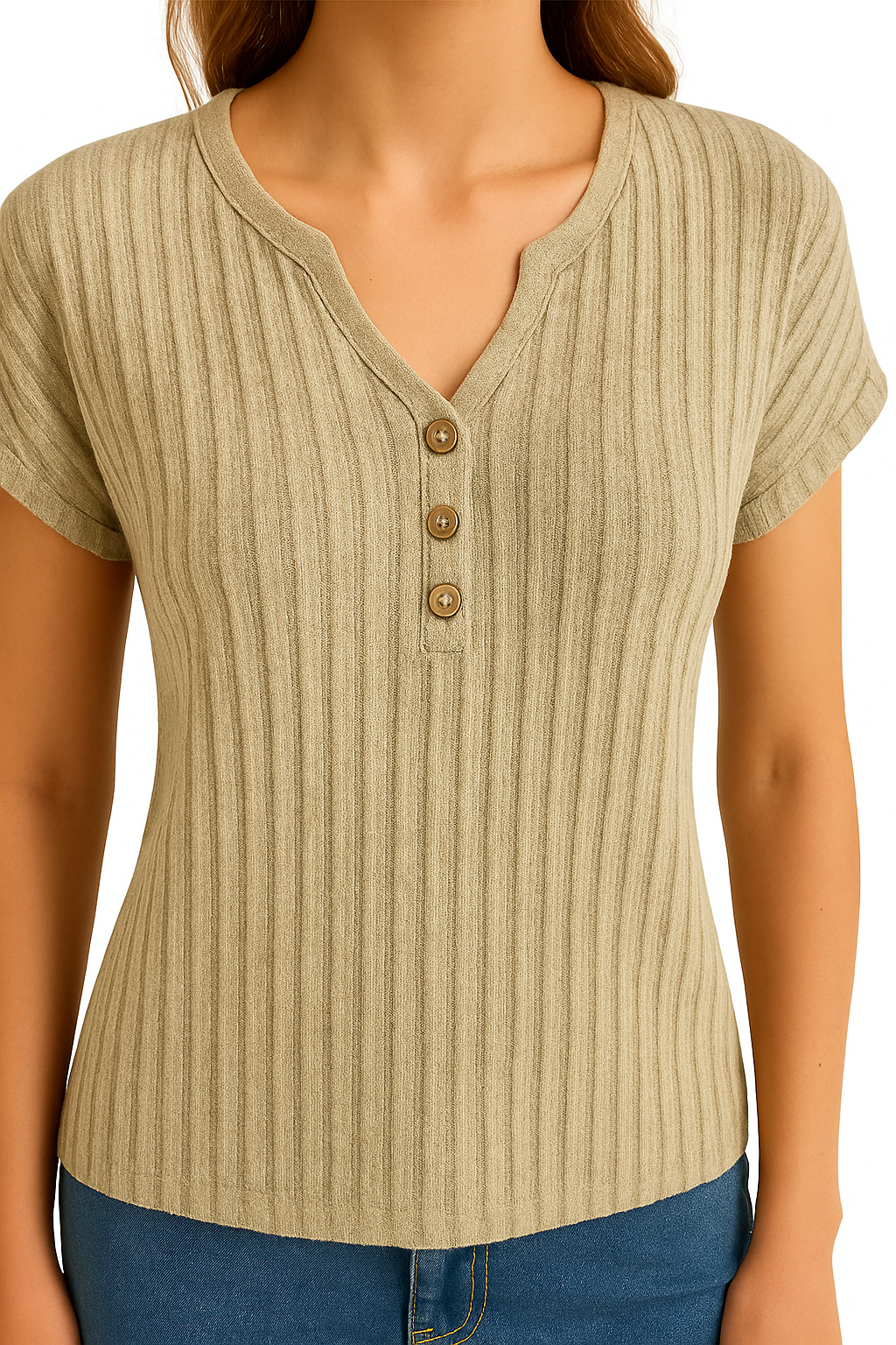 Women's Ribbed Knit Henley Top – Short Sleeve Casual Shirt with Button Details