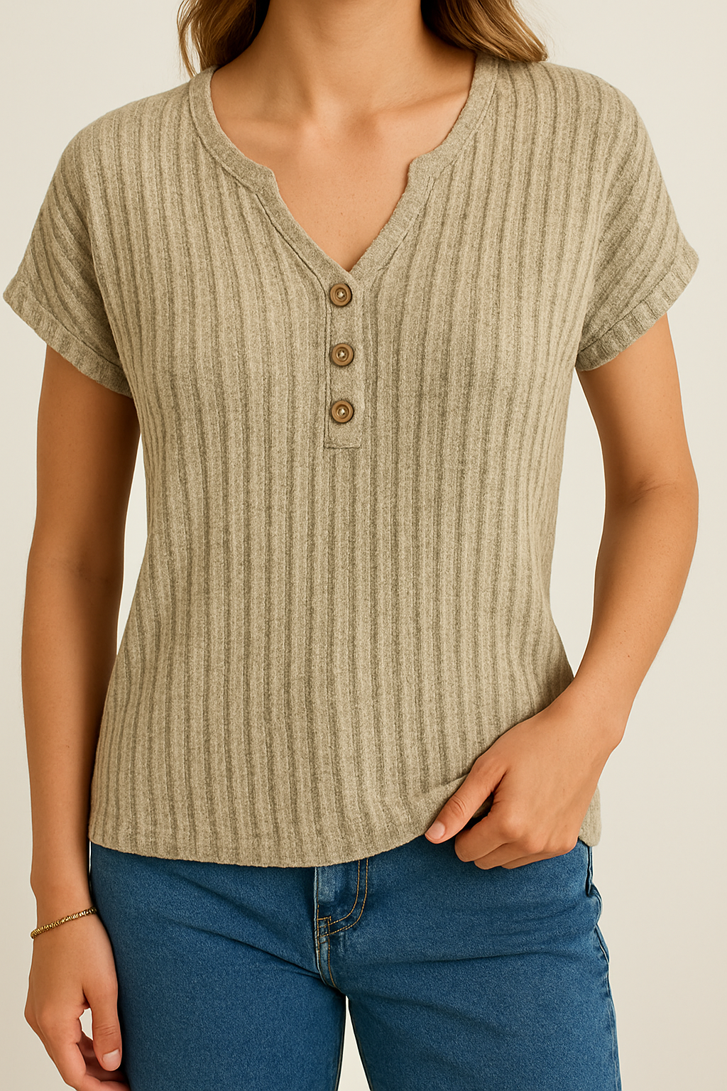 Women's Ribbed Knit Henley Top – Short Sleeve Casual Shirt with Button Details