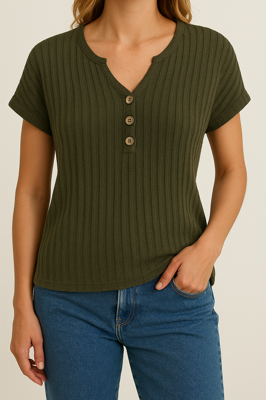 Women's Ribbed Knit Henley Top – Short Sleeve Casual Shirt with Button Details
