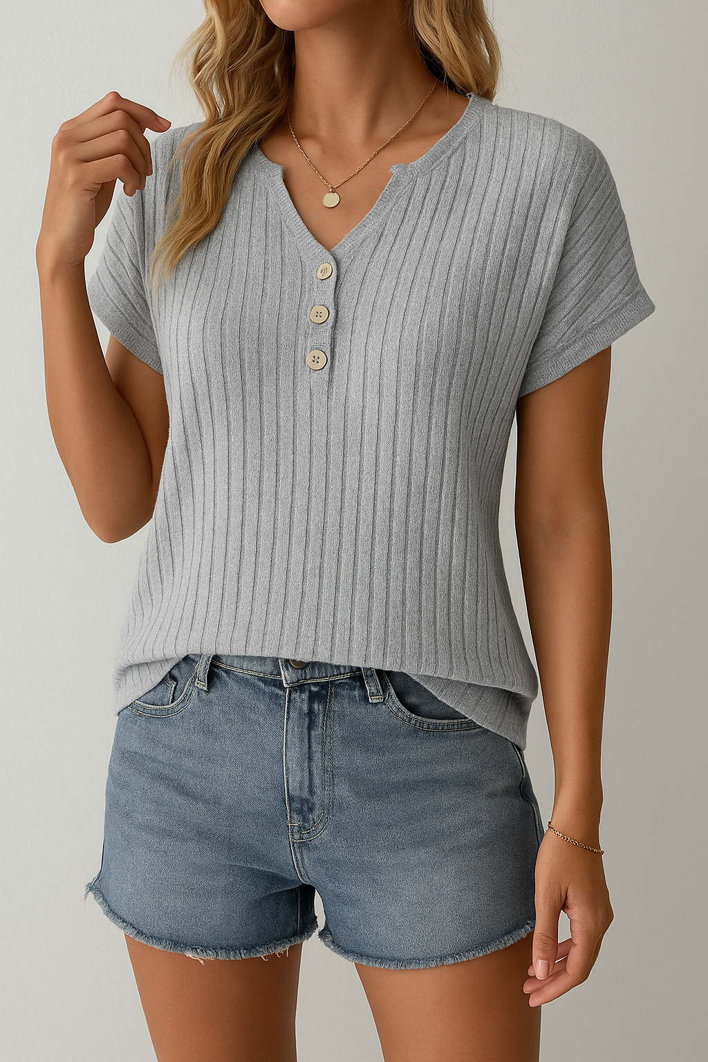 Women's Ribbed Knit Henley Top – Short Sleeve Casual Shirt with Button Details