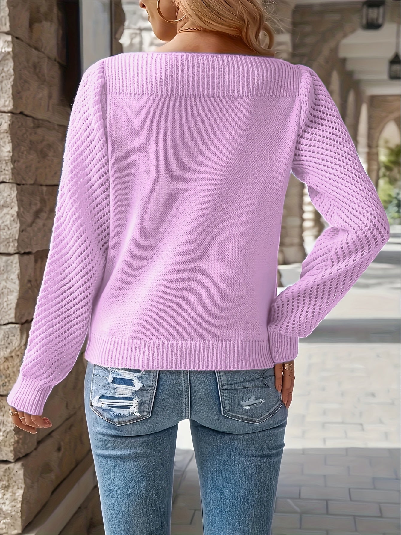 Rosamira | Women's Elegant Long Sleeve Knitted Sweater – Casual Hollow Knit Design