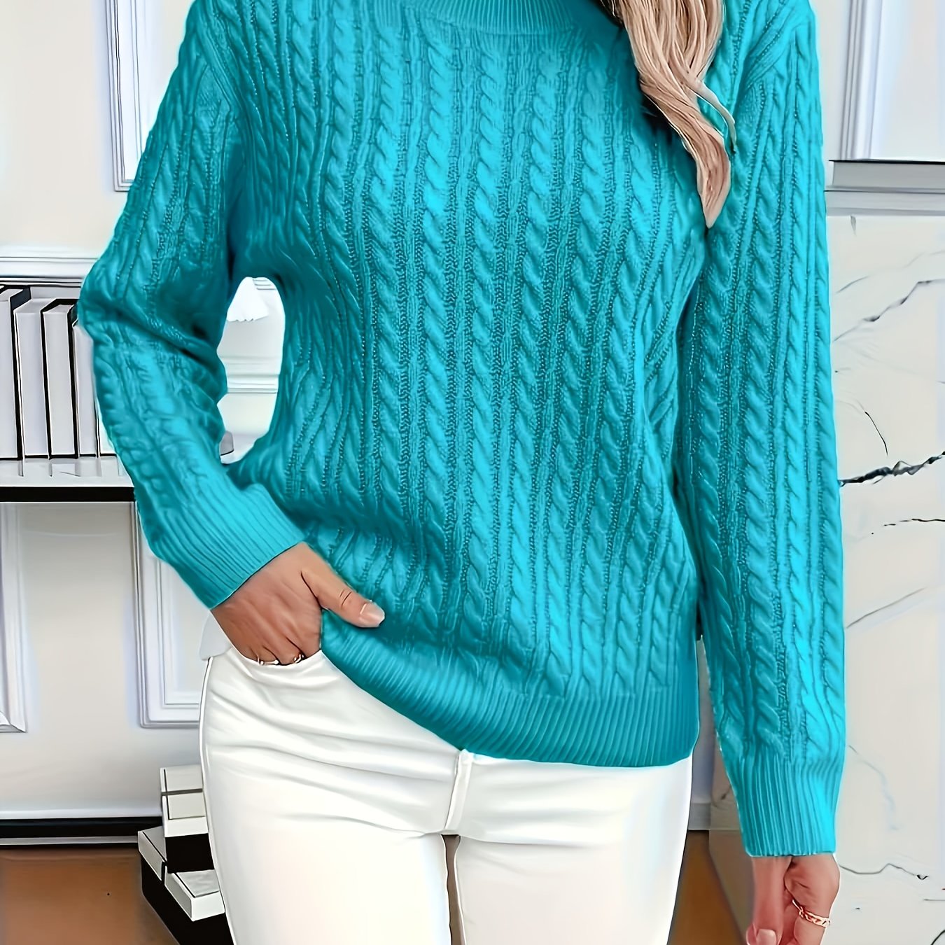 Valeris | Women's Cable Knit Round Neck Jumper – Elegant Plain Pullover, Soft and Perfect for Year-Round Wear