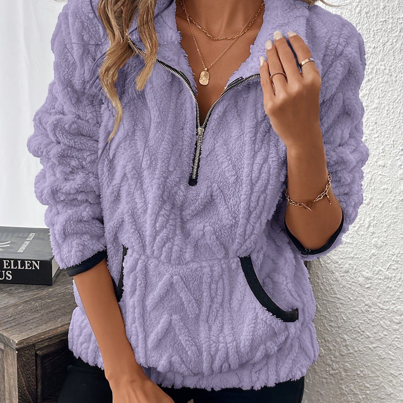 Evodia | Women's Fluffy Fabric Pullover Sweatshirt with Half Zip, Casual Long Sleeve Top