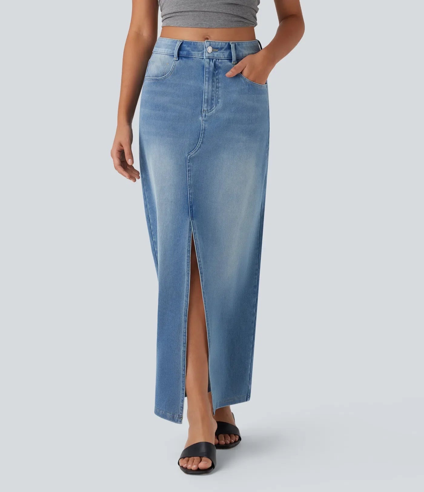 High-Waisted Denim Maxi Skirt with Split – Blue Stretch Jeans for Women