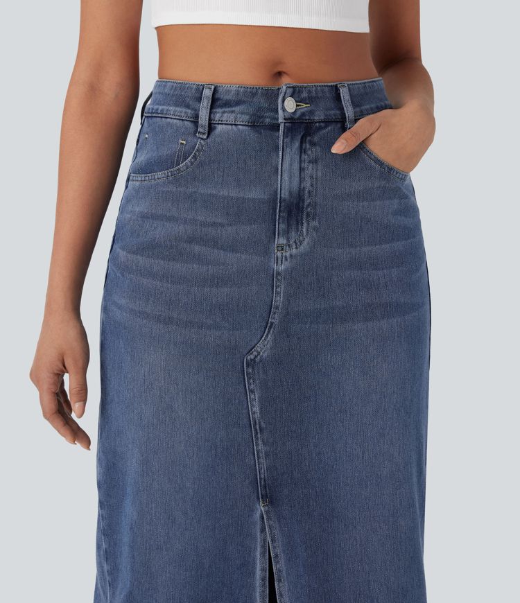 High-Waisted Denim Maxi Skirt with Split – Blue Stretch Jeans for Women