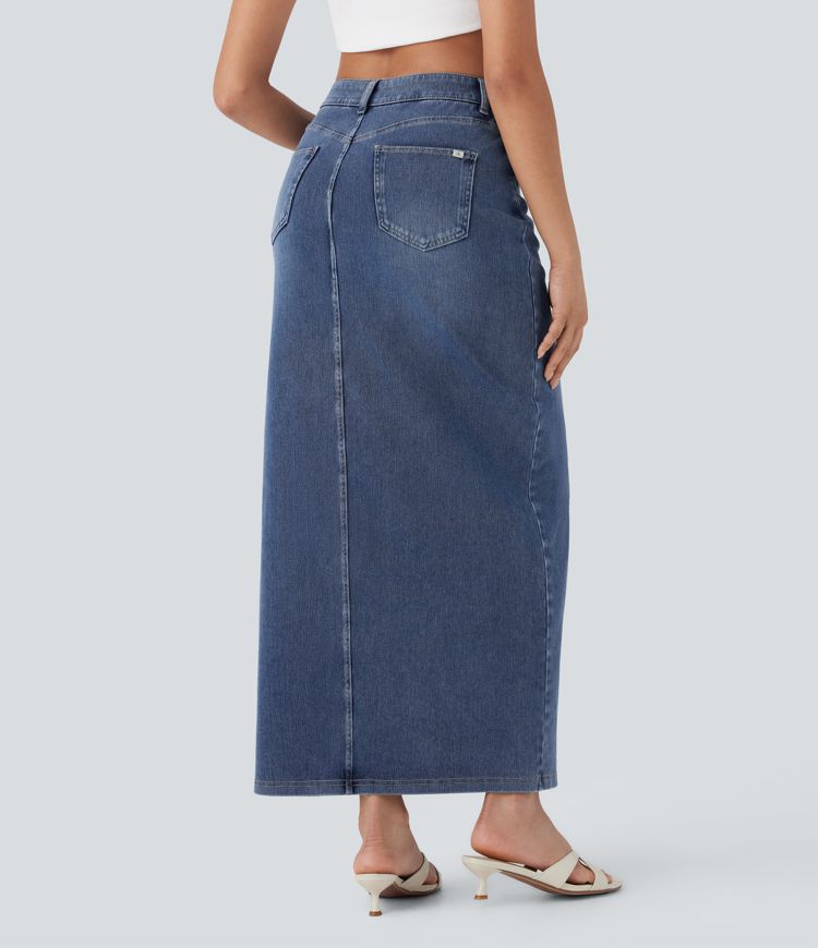 High-Waisted Denim Maxi Skirt with Split – Blue Stretch Jeans for Women