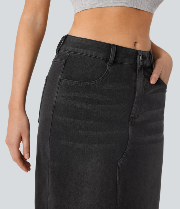 High-Waisted Denim Maxi Skirt with Split – Blue Stretch Jeans for Women