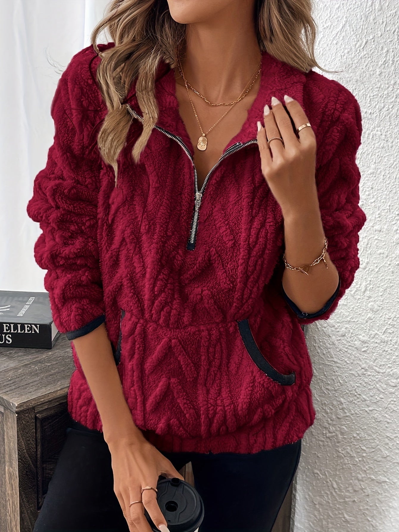 Evodia | Women's Fluffy Fabric Pullover Sweatshirt with Half Zip, Casual Long Sleeve Top