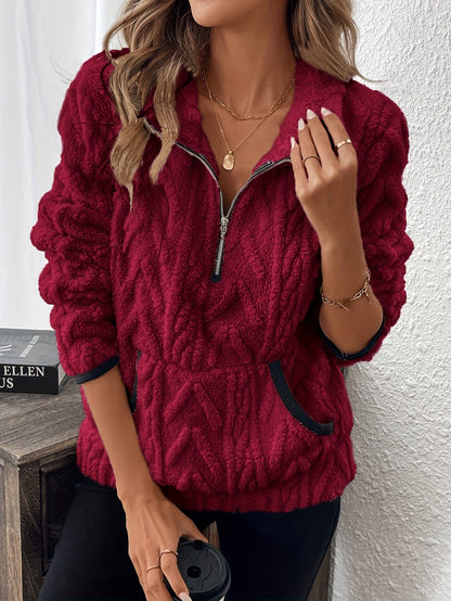 Evodia | Women's Fluffy Fabric Pullover Sweatshirt with Half Zip, Casual Long Sleeve Top