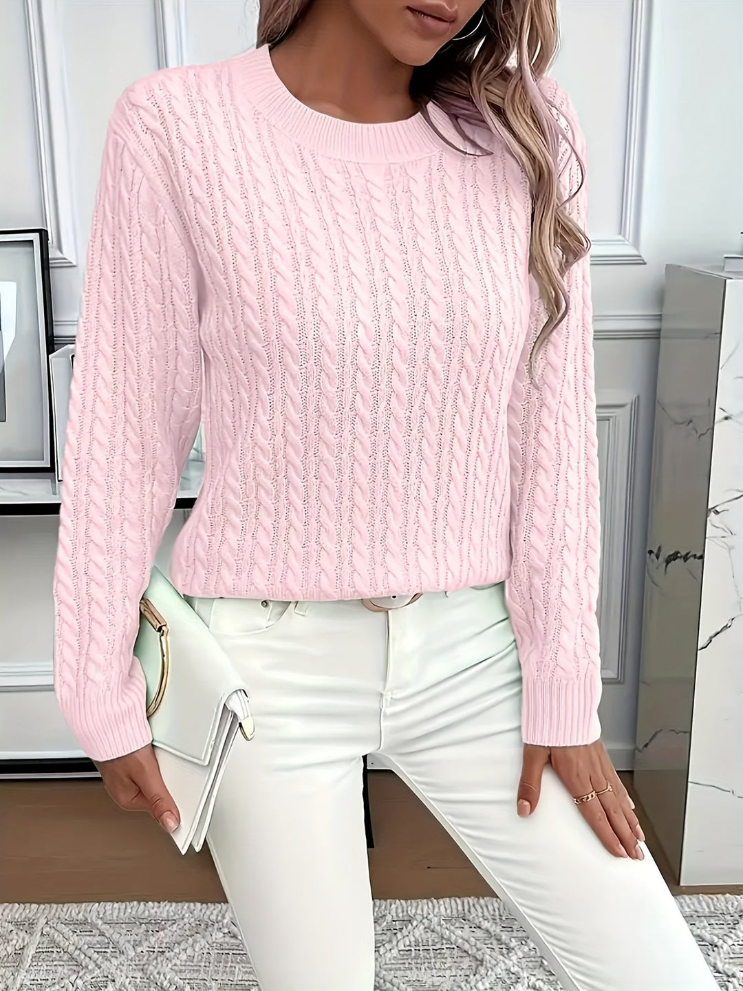 Valeris | Women's Cable Knit Round Neck Jumper – Elegant Plain Pullover, Soft and Perfect for Year-Round Wear