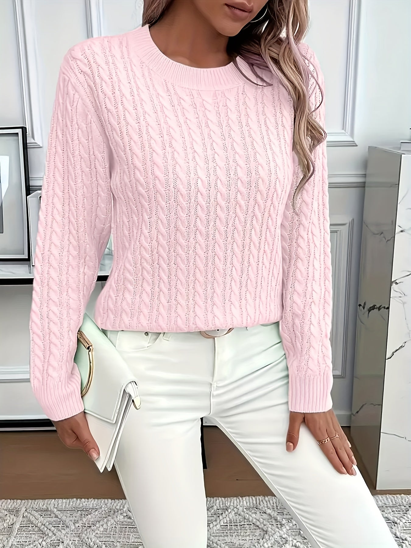 Valeris | Women's Cable Knit Round Neck Jumper – Elegant Plain Pullover, Soft and Perfect for Year-Round Wear