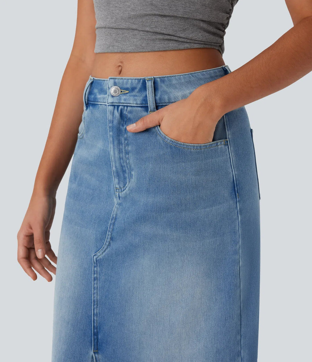 High-Waisted Denim Maxi Skirt with Split – Blue Stretch Jeans for Women