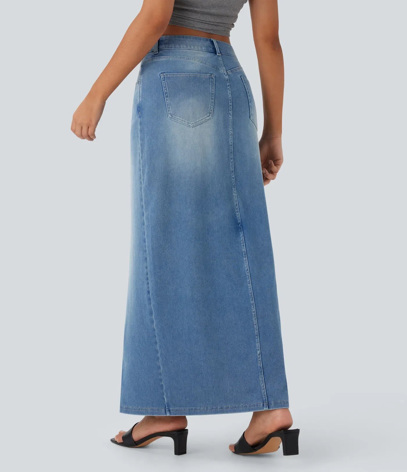 High-Waisted Denim Maxi Skirt with Split – Blue Stretch Jeans for Women