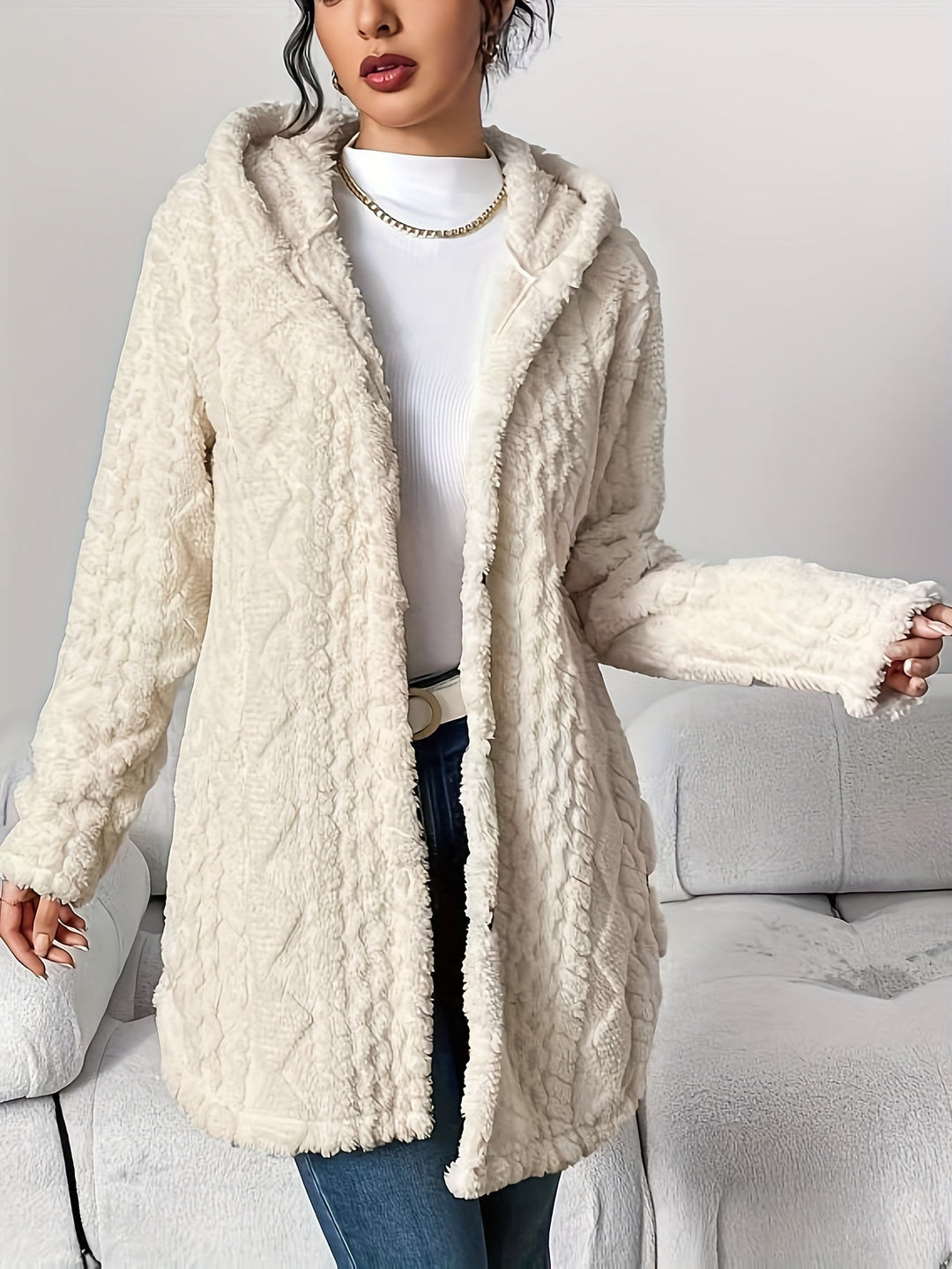 Palithra | Women's Cozy Long Hooded Cardigan – Relaxed Fit, Soft Faux Fur for Fall and Winter