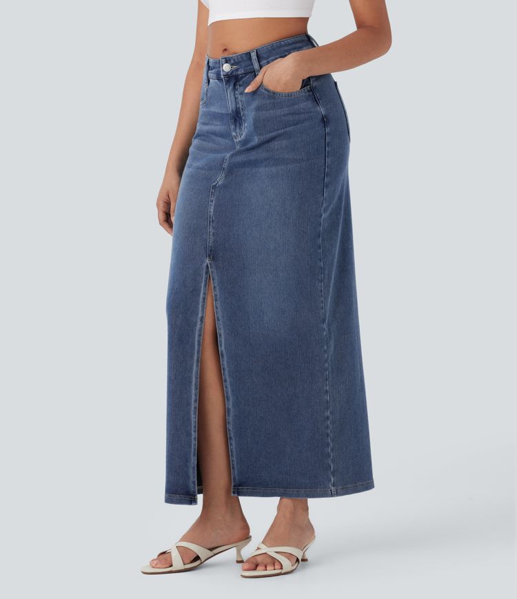 High-Waisted Denim Maxi Skirt with Split – Blue Stretch Jeans for Women