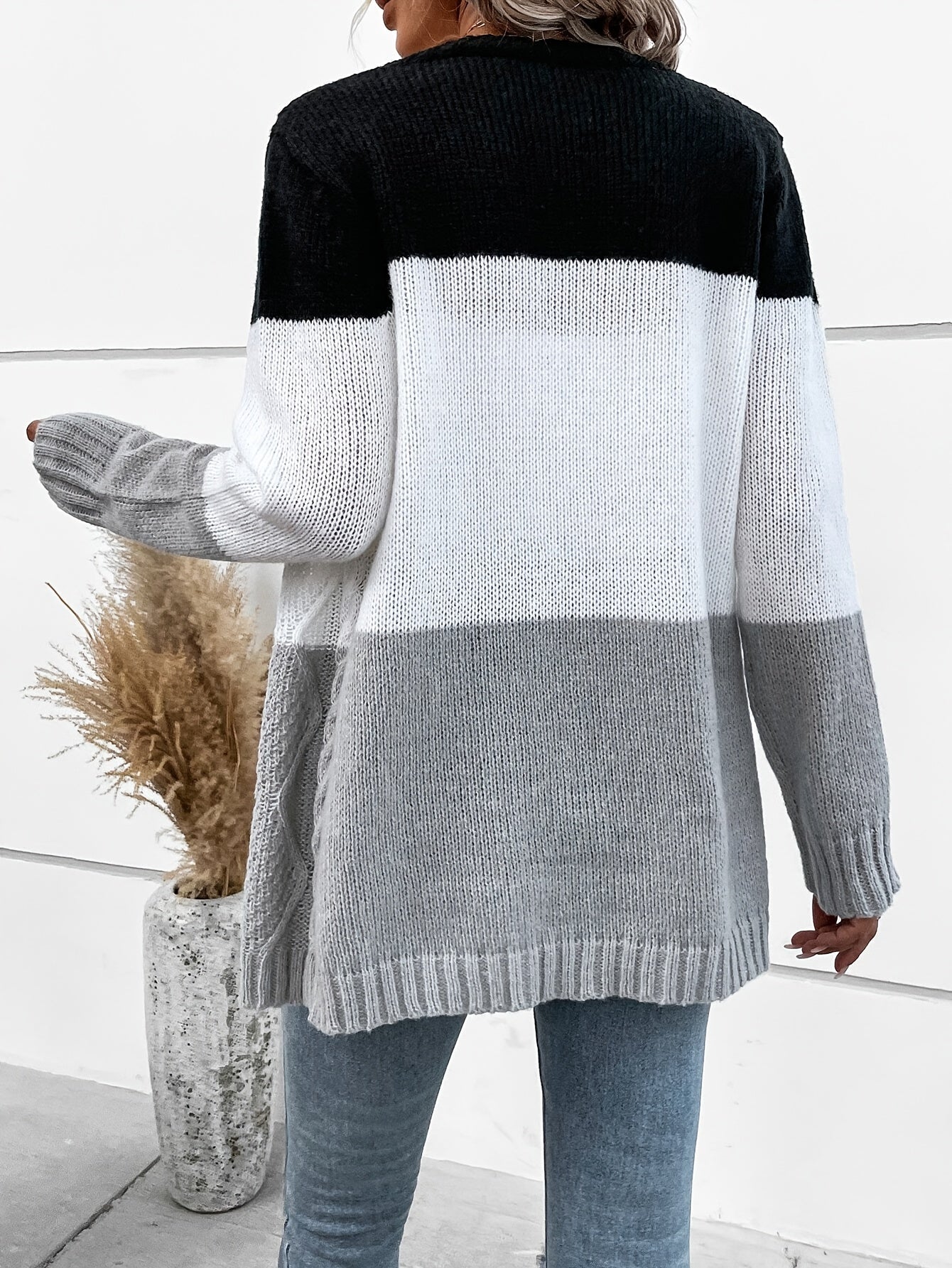 Zephyrette | Women's Stylish Open Front Cardigan – Two-Tone Knit Jumper, Casual Pullover