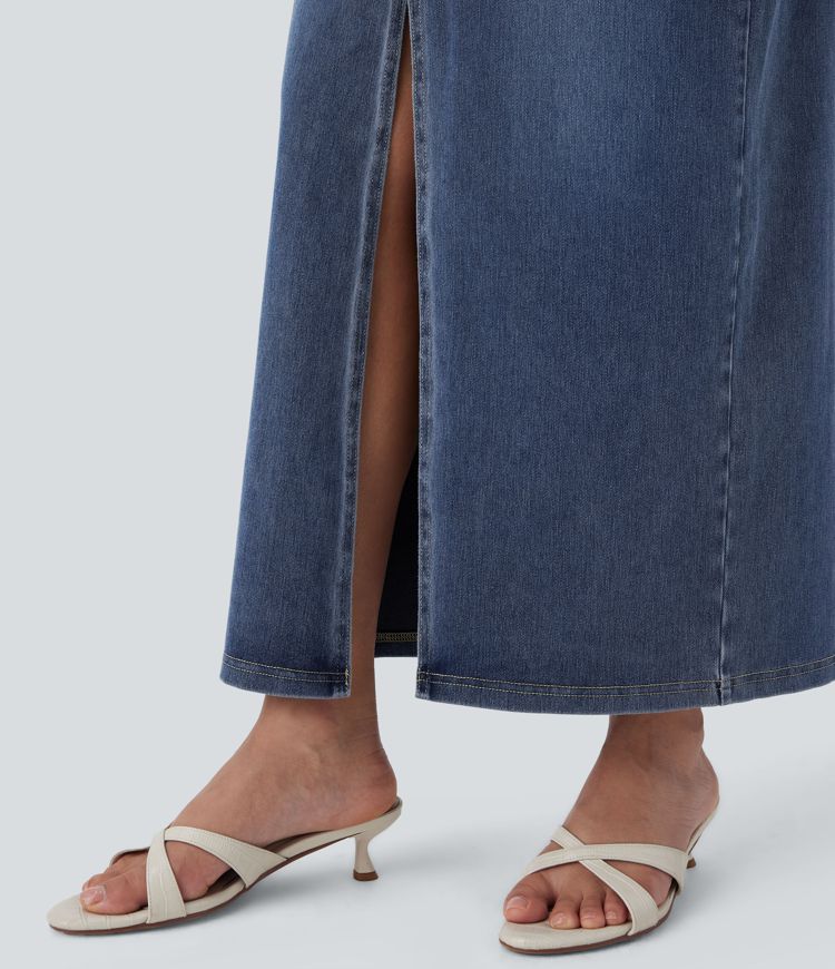 High-Waisted Denim Maxi Skirt with Split – Blue Stretch Jeans for Women