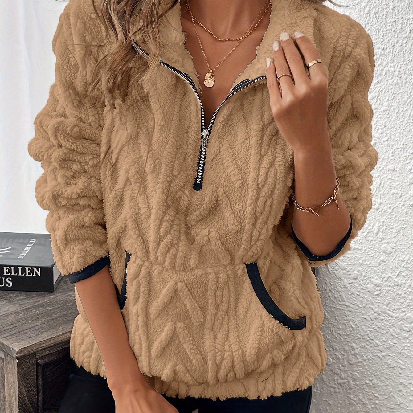 Evodia | Women's Fluffy Fabric Pullover Sweatshirt with Half Zip, Casual Long Sleeve Top