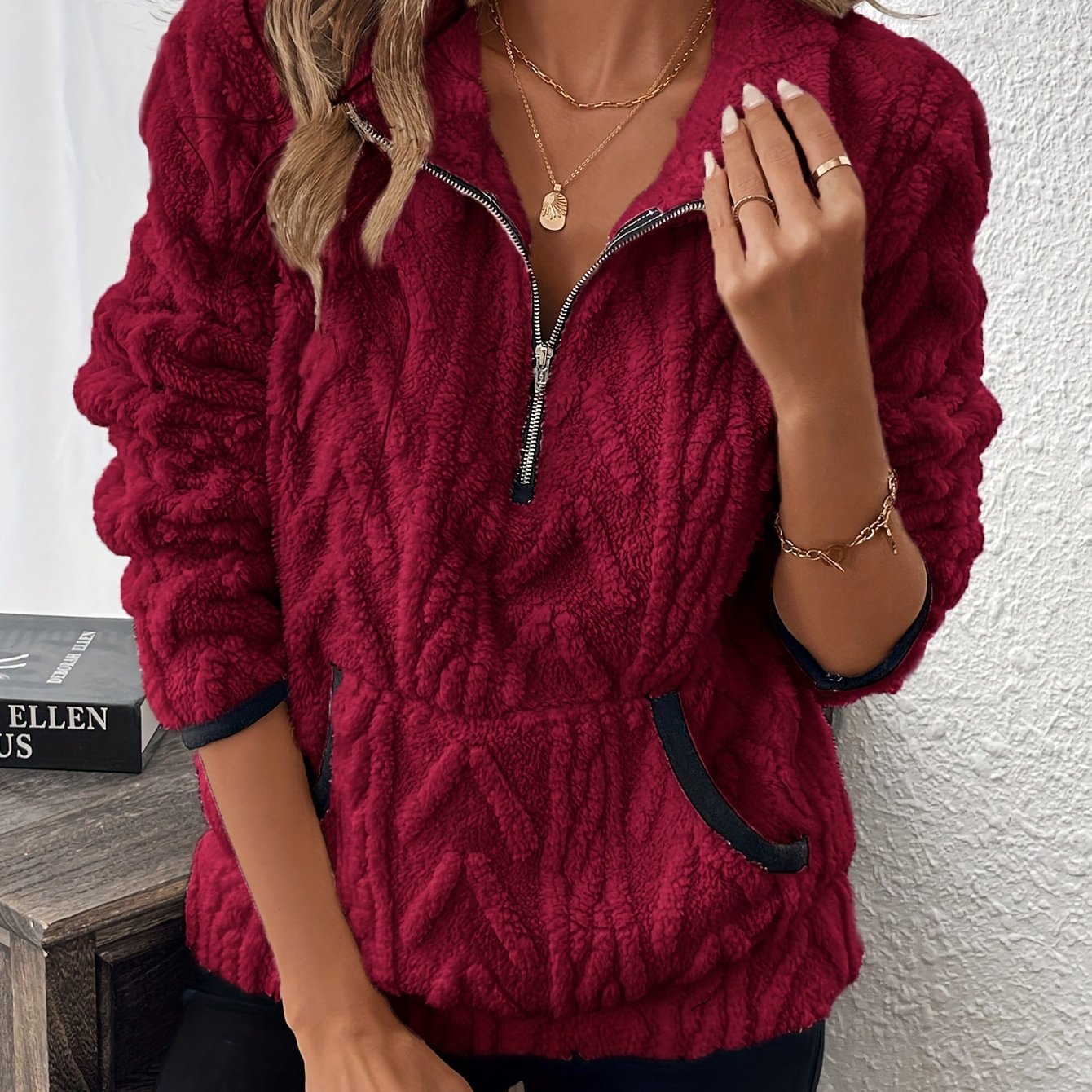 Evodia | Women's Fluffy Fabric Pullover Sweatshirt with Half Zip, Casual Long Sleeve Top
