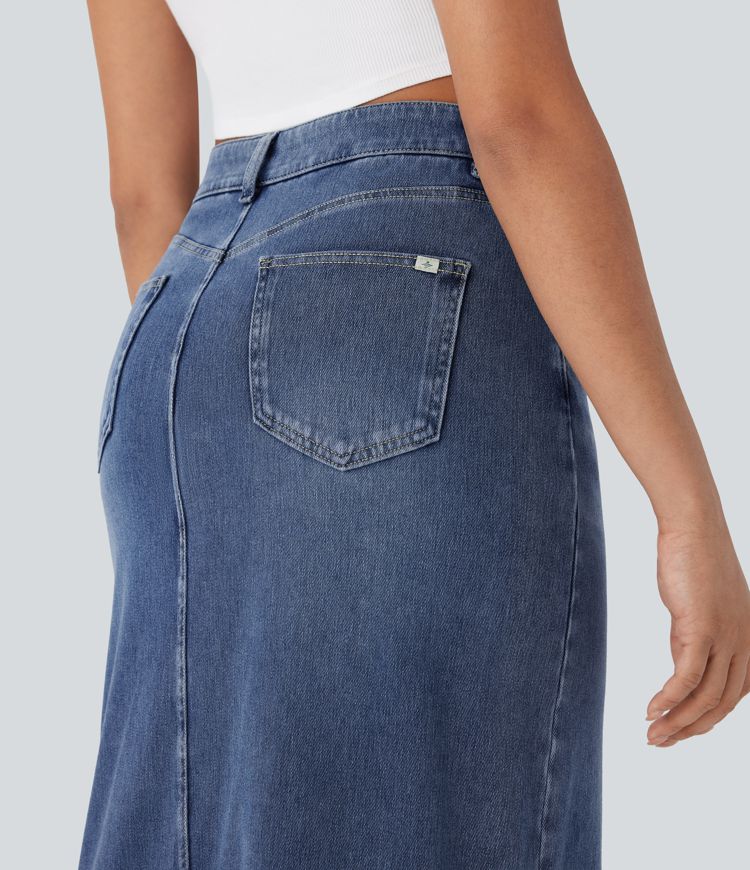 High-Waisted Denim Maxi Skirt with Split – Blue Stretch Jeans for Women