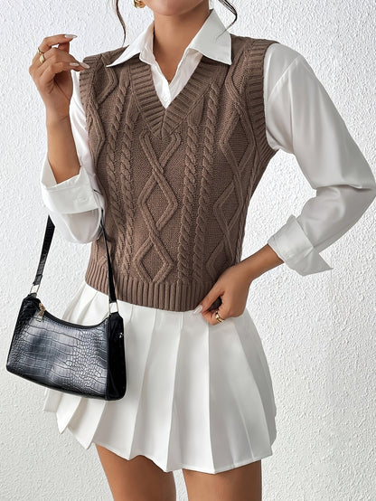 Ambria | Slim Fit Cable Knit V-Neck Sweater Vest - Lightweight Sleeveless Top in Casual Retro Style