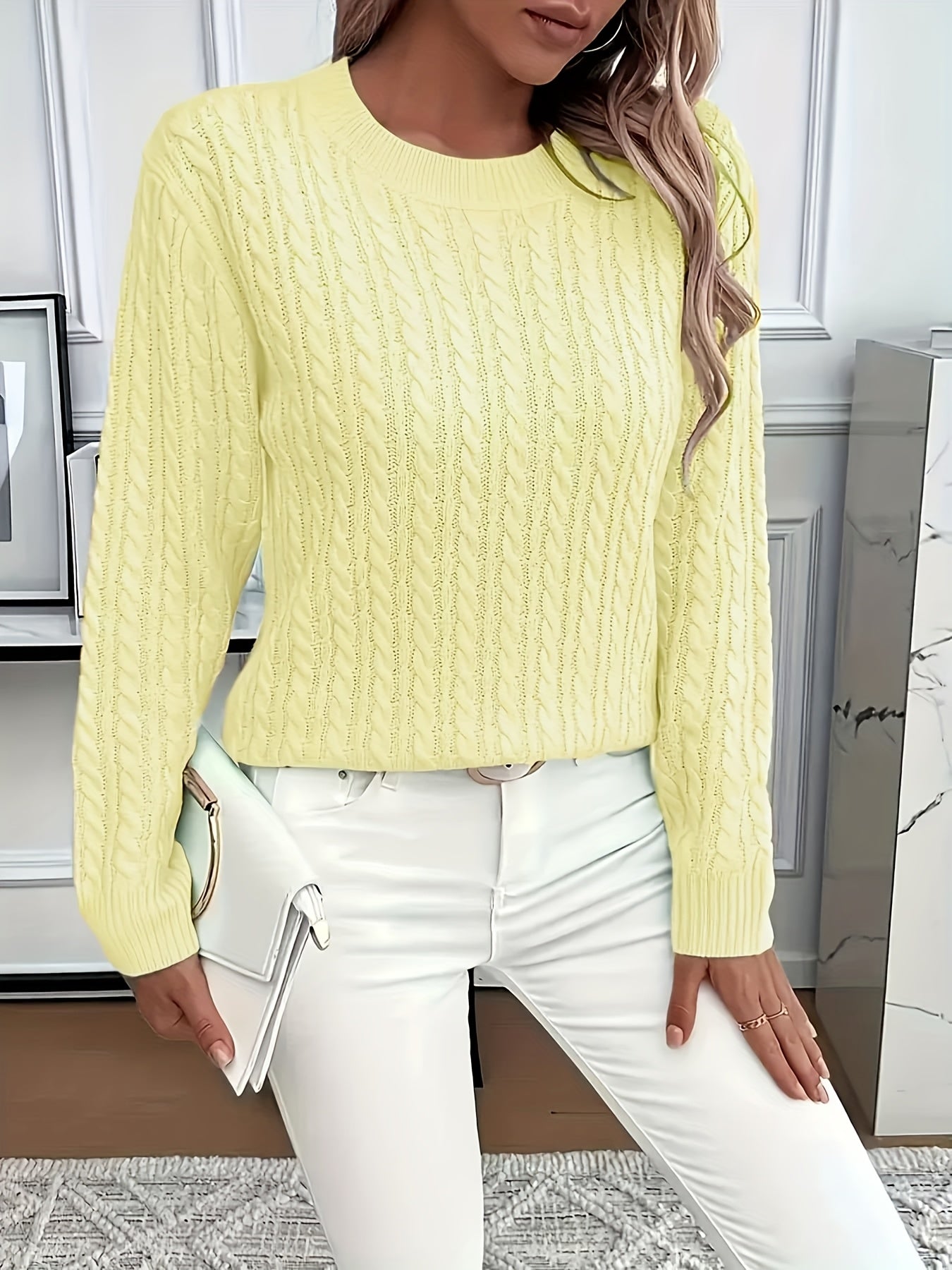 Valeris | Women's Cable Knit Round Neck Jumper – Elegant Plain Pullover, Soft and Perfect for Year-Round Wear