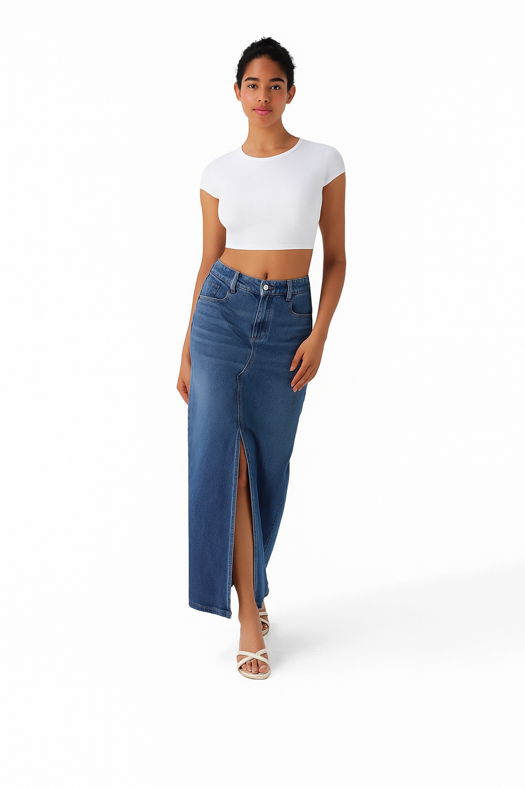 High-Waisted Denim Maxi Skirt with Split – Blue Stretch Jeans for Women