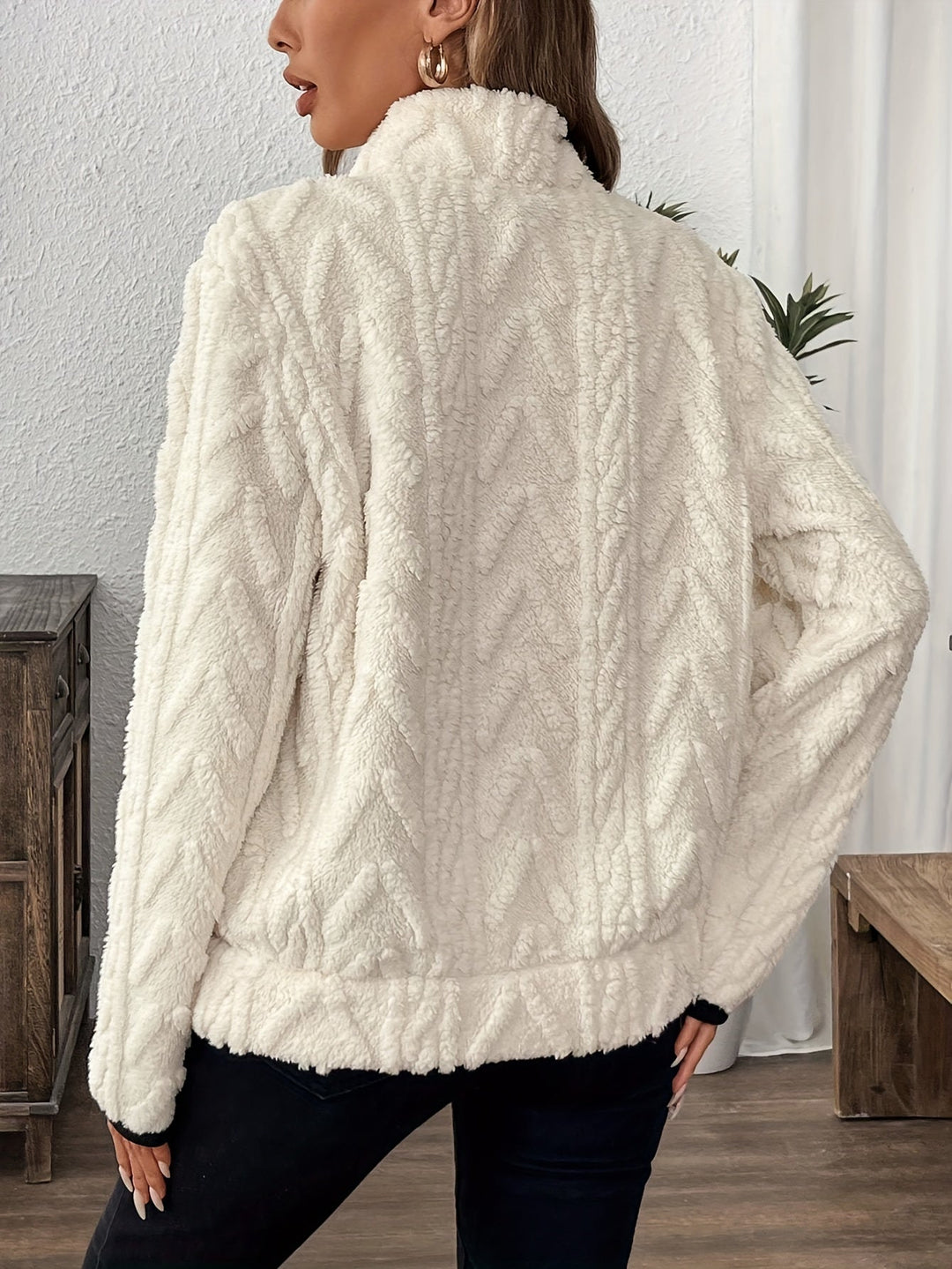 Evodia | Women's Fluffy Fabric Pullover Sweatshirt with Half Zip, Casual Long Sleeve Top