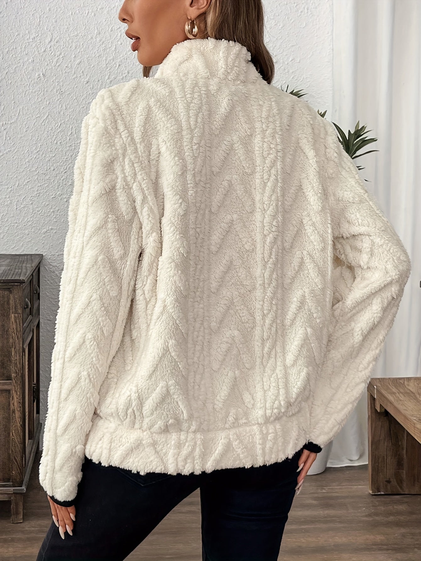 Evodia | Women's Fluffy Fabric Pullover Sweatshirt with Half Zip, Casual Long Sleeve Top