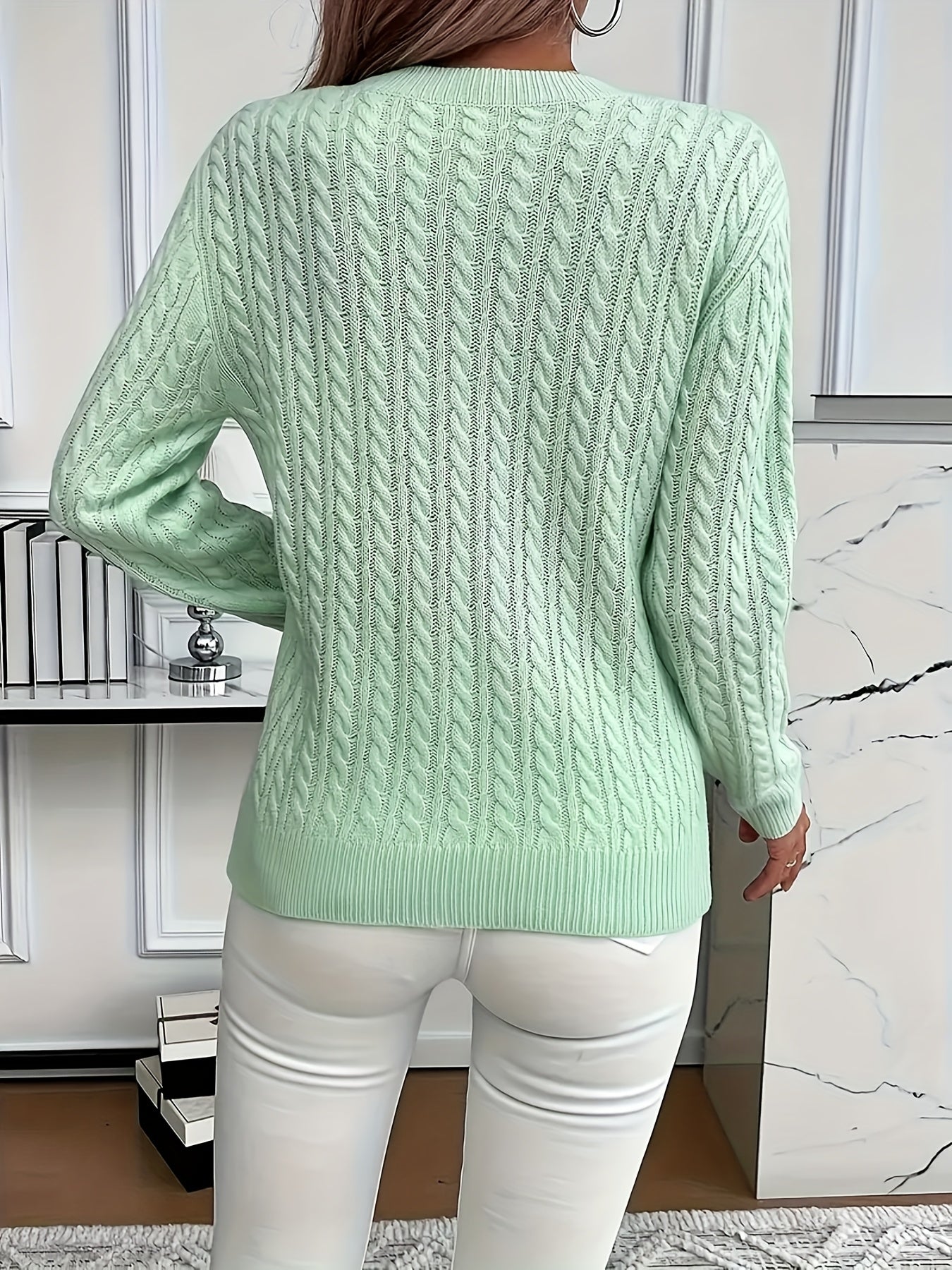 Valeris | Women's Cable Knit Round Neck Jumper – Elegant Plain Pullover, Soft and Perfect for Year-Round Wear