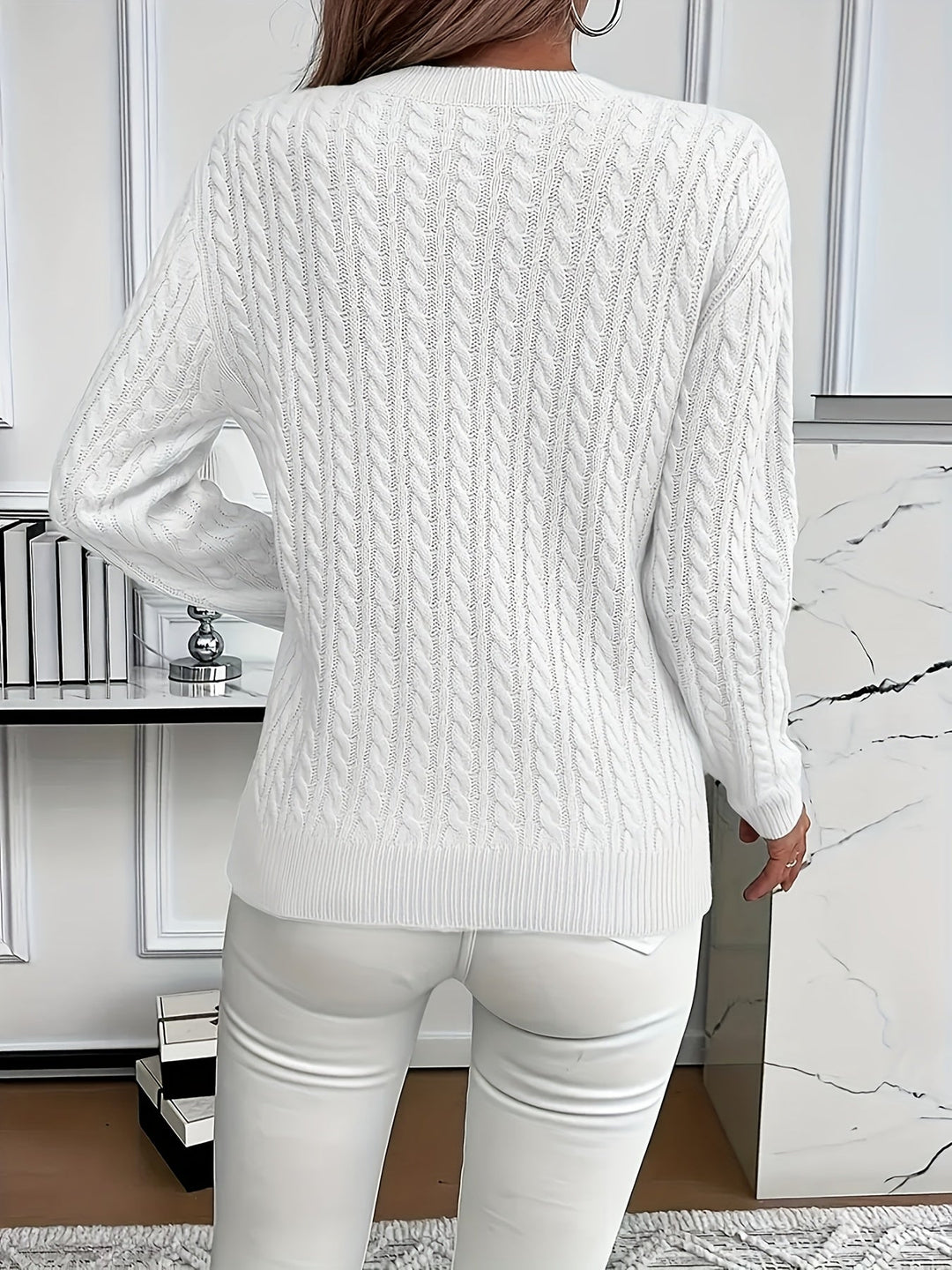 Valeris | Women's Cable Knit Round Neck Jumper – Elegant Plain Pullover, Soft and Perfect for Year-Round Wear