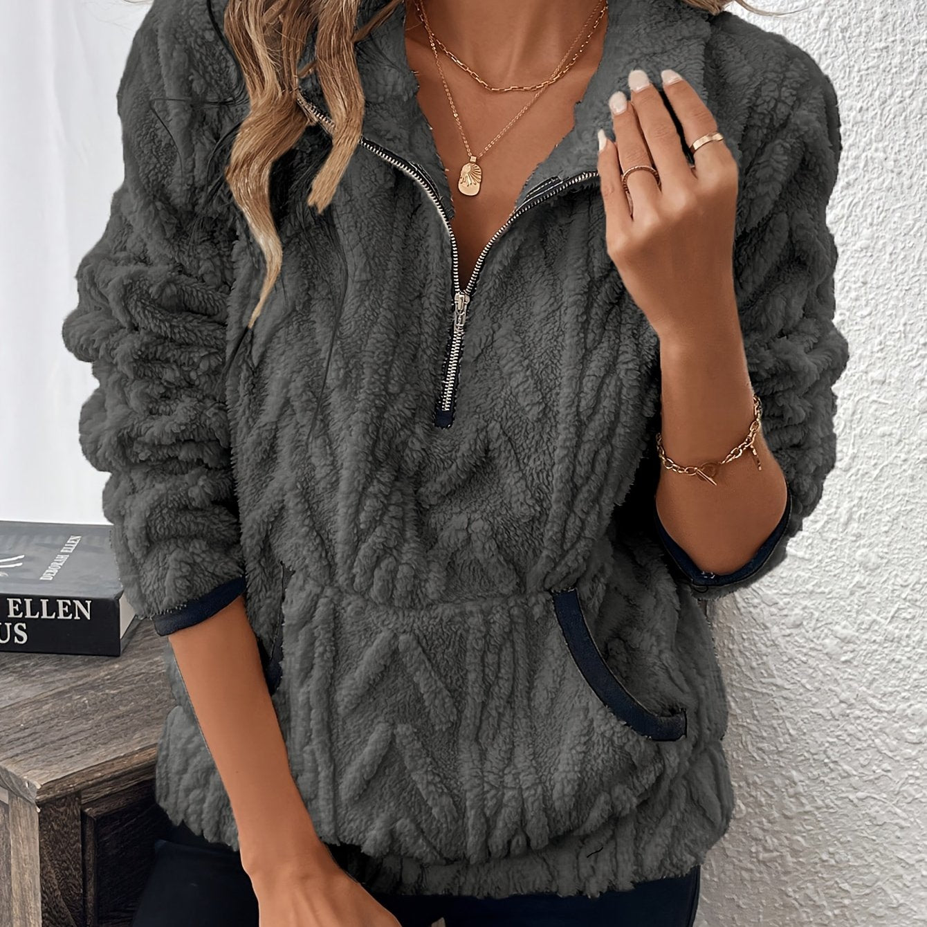 Evodia | Women's Fluffy Fabric Pullover Sweatshirt with Half Zip, Casual Long Sleeve Top